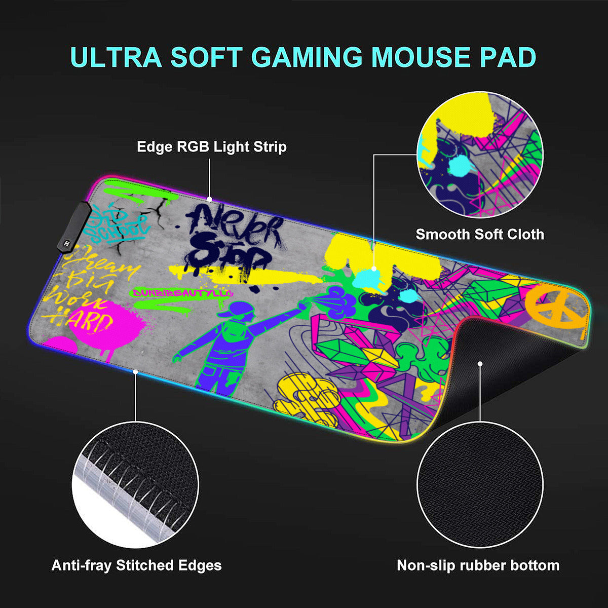 Multi-Interface Lighted Mouse Pad｜Rubber - Graffiti, Paint, Art, Spray Painting, Don't Give Up, Inspirational, Motivational (Designed by Dunbi)