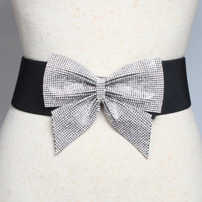 Rhinestone Bow Wide Width Elastic Waist Belt nihaodropshipping