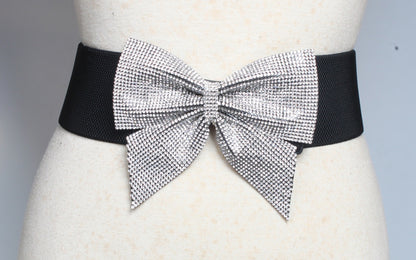 Rhinestone Bow Wide Width Elastic Waist Belt nihaodropshipping