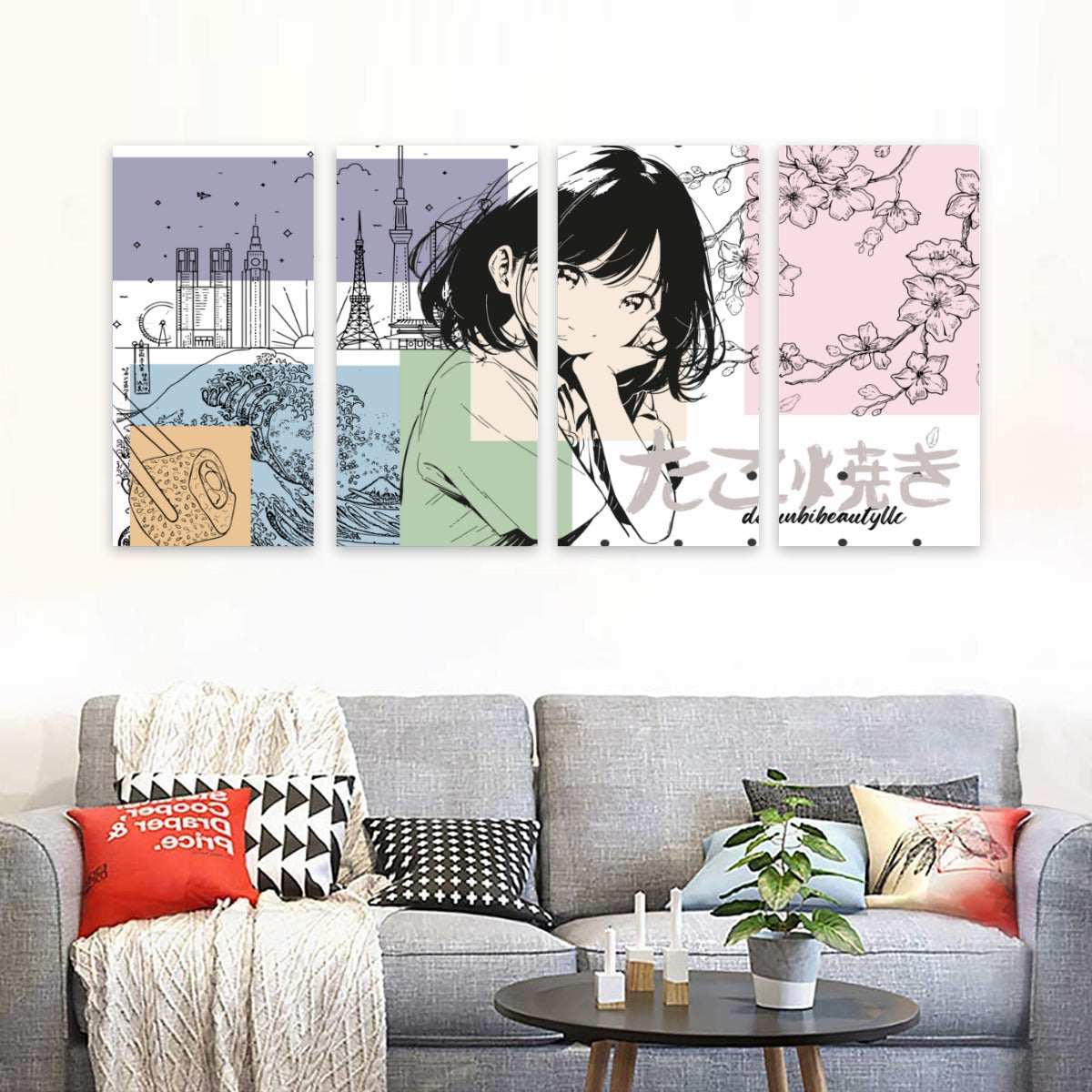 Quadriptych Decorative Painting Monogram Design (1:2)｜Japanese, Japan, Girl, Kawaii, Cute, Anime, Manga Style, Peace, Sushi, Tokyo, Cherry Blossoms (Designed by Dunbi)