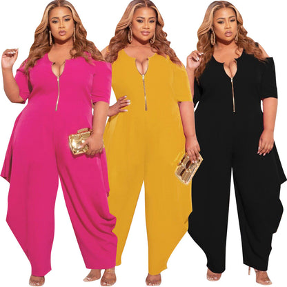 S66305 Amazon European and American Fashion plus Size Women Solid Color Sexy Zipper Jumpsuit DunbiBeauty, LLC