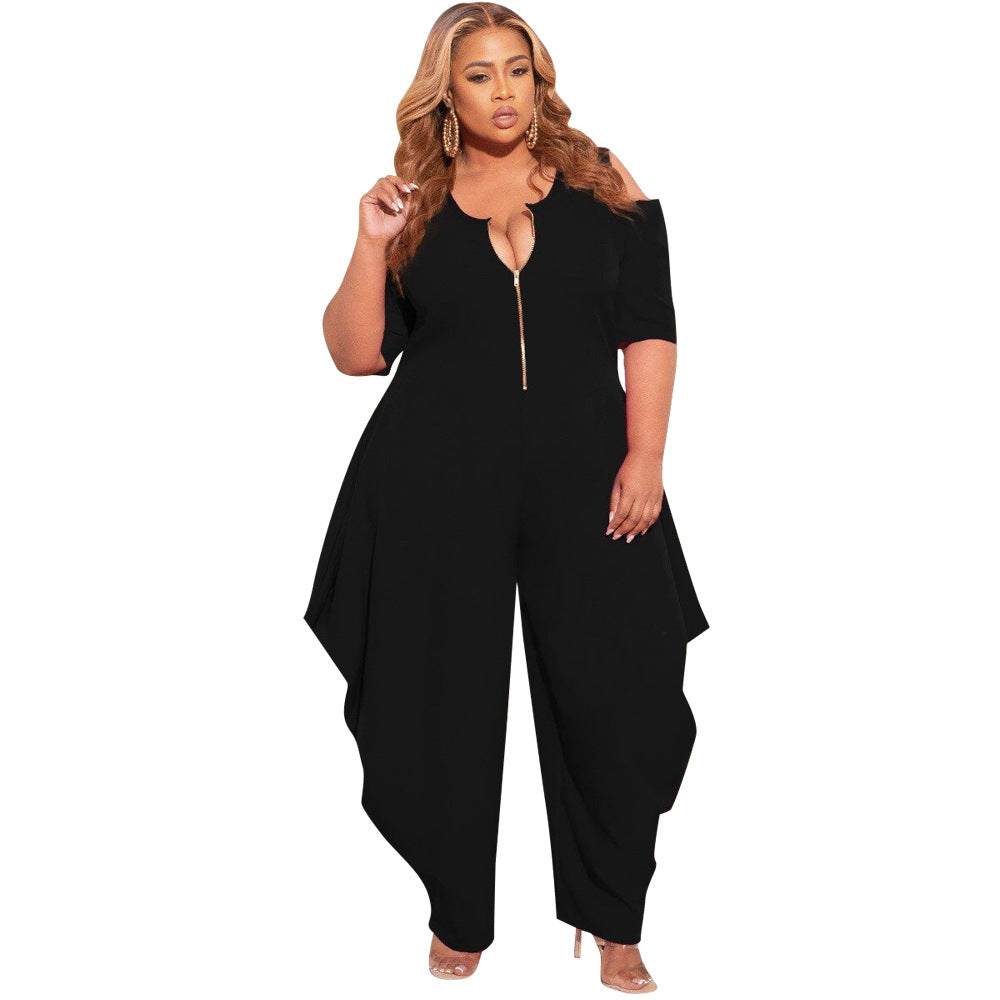 S66305 Amazon European and American Fashion plus Size Women Solid Color Sexy Zipper Jumpsuit DunbiBeauty, LLC