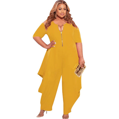 S66305 Amazon European and American Fashion plus Size Women Solid Color Sexy Zipper Jumpsuit DunbiBeauty, LLC