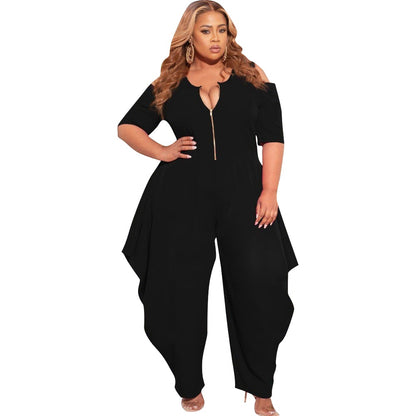 S66305 Amazon European and American Fashion plus Size Women Solid Color Sexy Zipper Jumpsuit DunbiBeauty, LLC