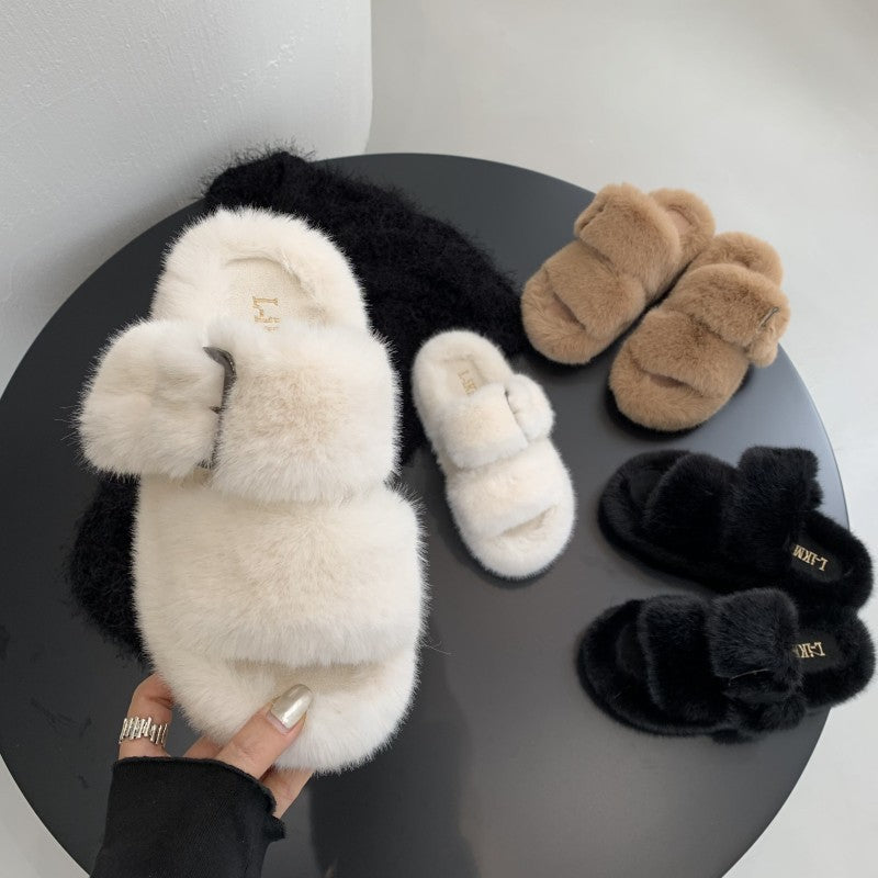 Women's Open Toe Fuzzy Slippers with Buckle nihaodropshipping