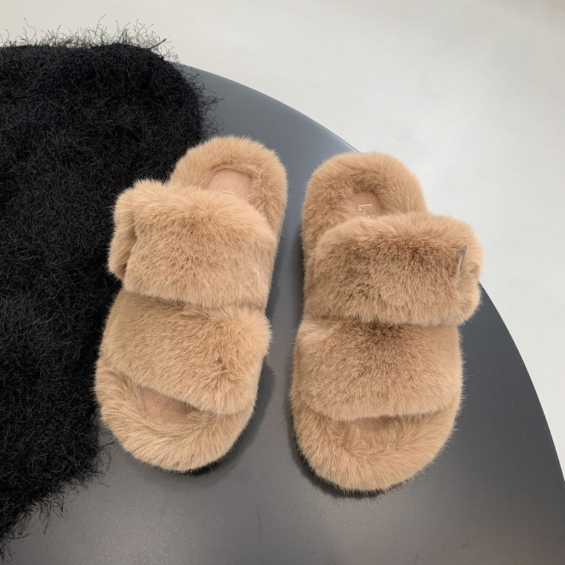 Women's Open Toe Fuzzy Slippers with Buckle nihaodropshipping