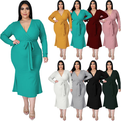 Plus Size Tie Waist V Neck Dress nihaodropshipping