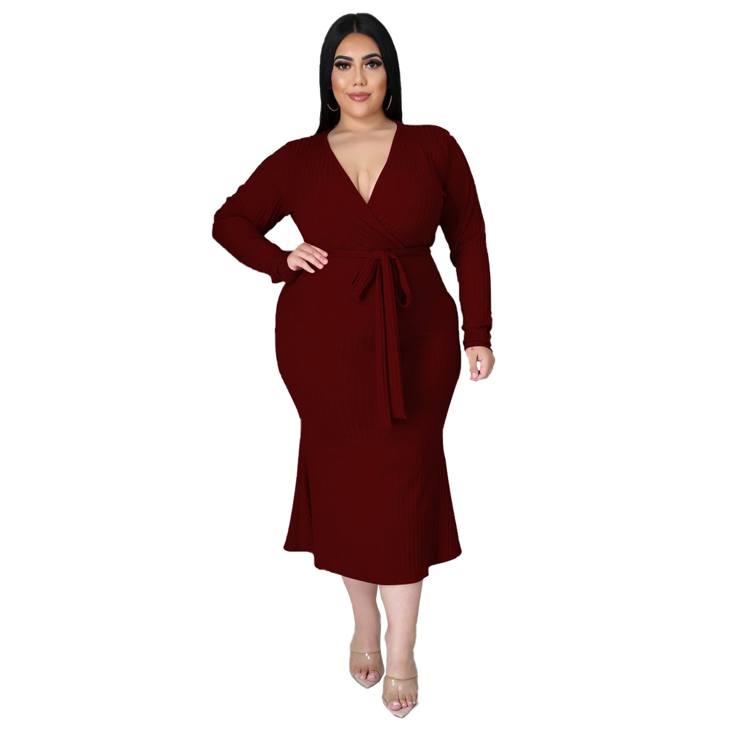 Plus Size Long Sleeved Lace Up Dress with Tie Waist nihaodropshipping