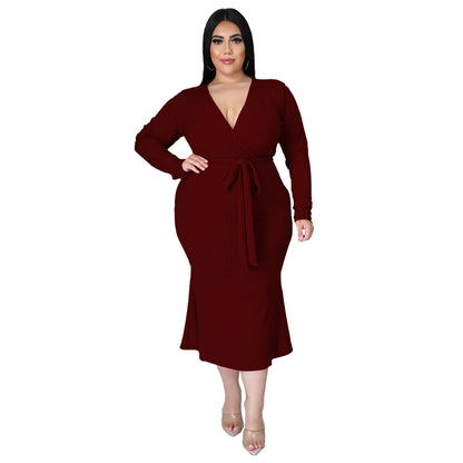 Plus Size Tie Waist V Neck Dress nihaodropshipping