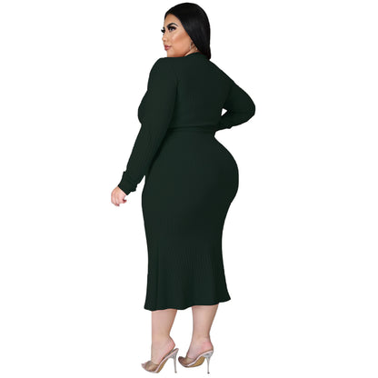 Plus Size Long Sleeved Lace Up Dress with Tie Waist nihaodropshipping