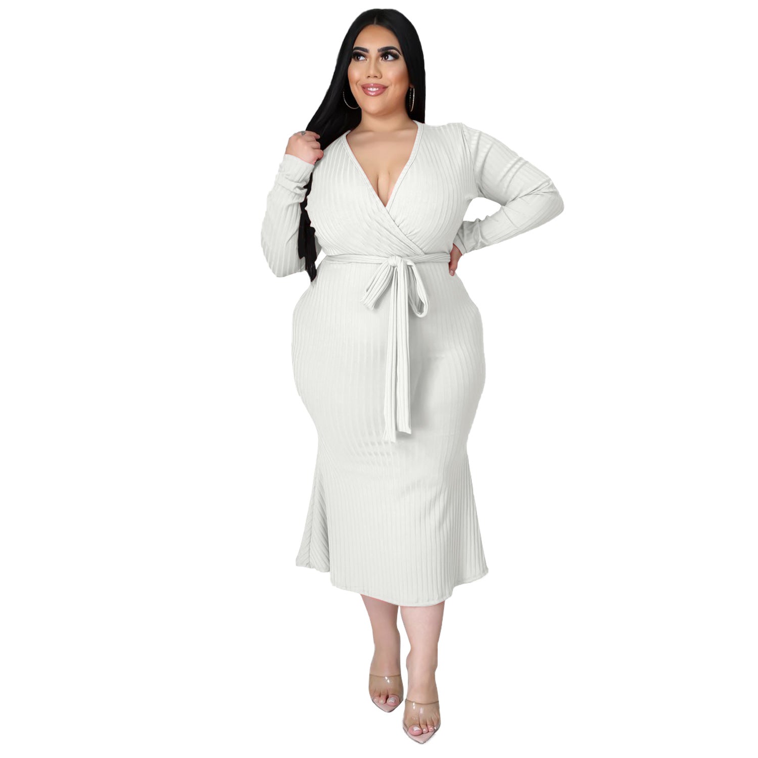 Plus Size Long Sleeved Lace Up Dress with Tie Waist nihaodropshipping