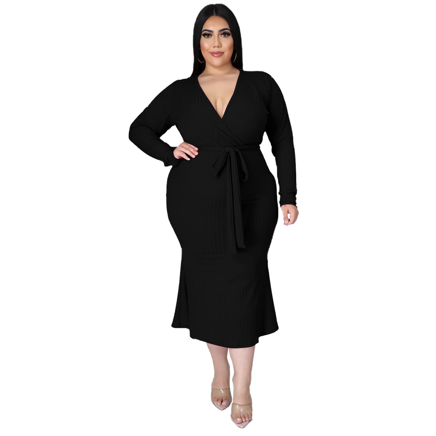 Plus Size Long Sleeved Lace Up Dress with Tie Waist nihaodropshipping