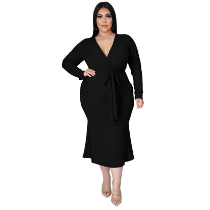 Plus Size Long Sleeved Lace Up Dress with Tie Waist nihaodropshipping