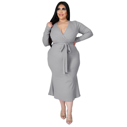 Plus Size Long Sleeved Lace Up Dress with Tie Waist nihaodropshipping