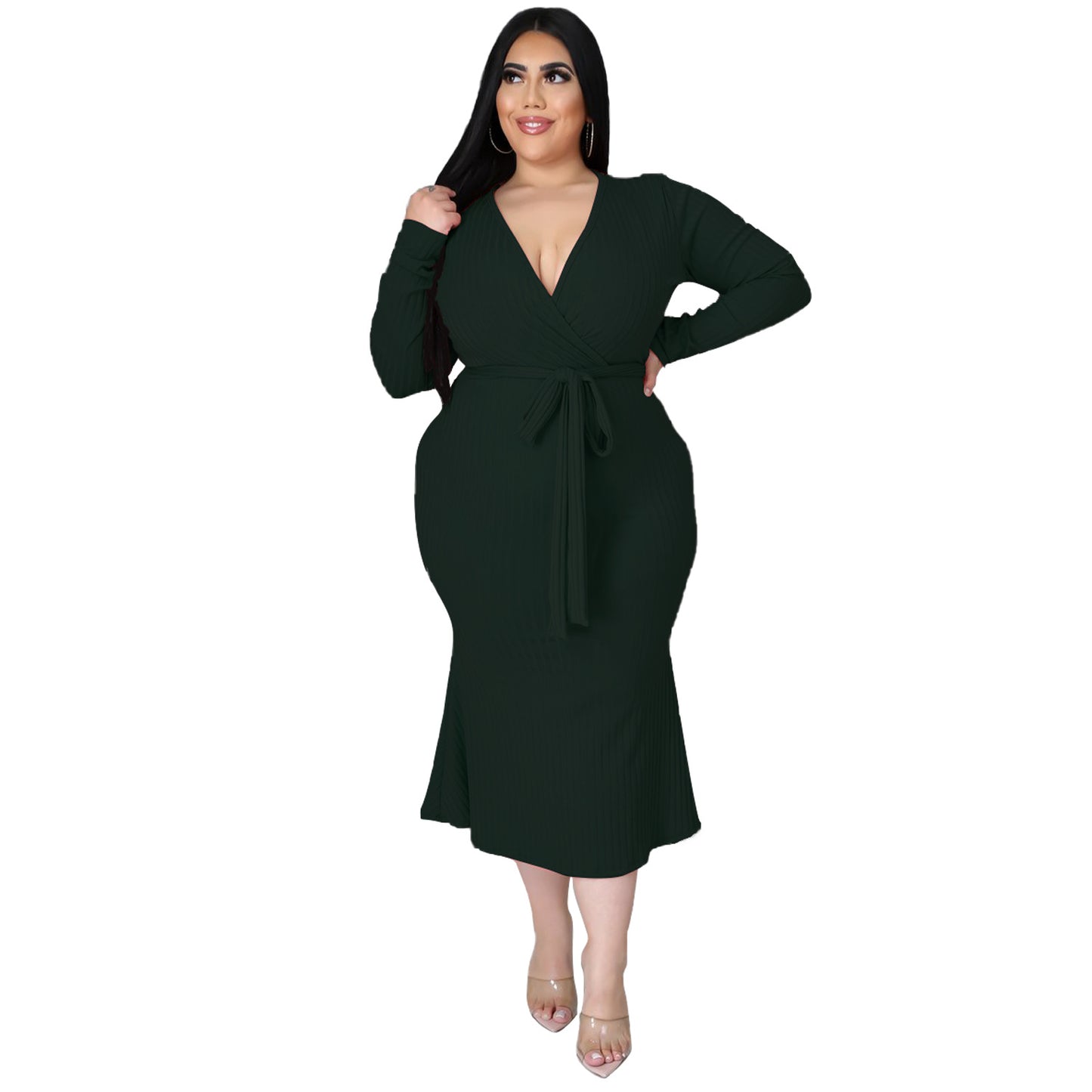 Plus Size Long Sleeved Lace Up Dress with Tie Waist nihaodropshipping