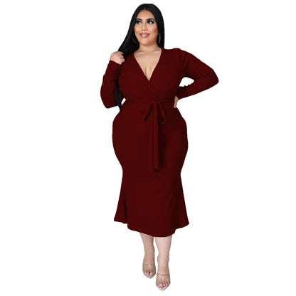 Plus Size Tie Waist V Neck Dress nihaodropshipping