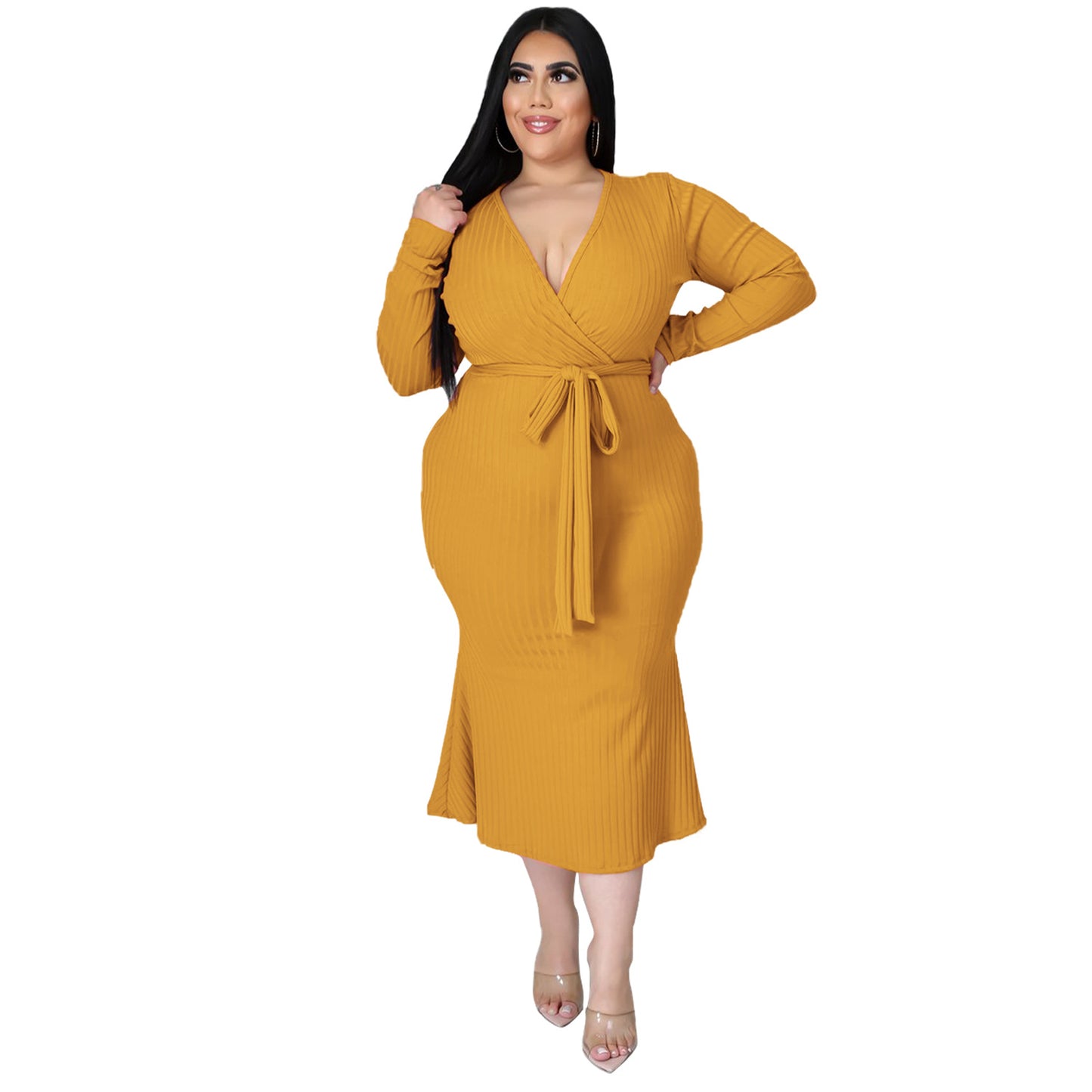 Plus Size Long Sleeved Lace Up Dress with Tie Waist nihaodropshipping