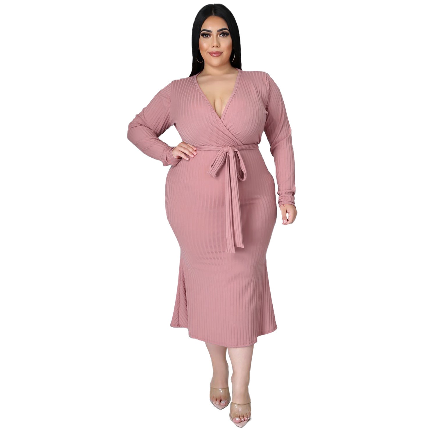 Plus Size Long Sleeved Lace Up Dress with Tie Waist nihaodropshipping