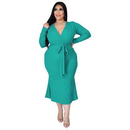 Plus Size Long Sleeved Lace Up Dress with Tie Waist nihaodropshipping