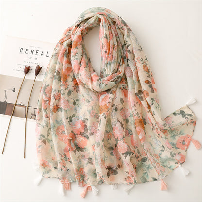 Semi Transluscent Floral Fashion Scarf with Fringed Edges nihaodropshipping