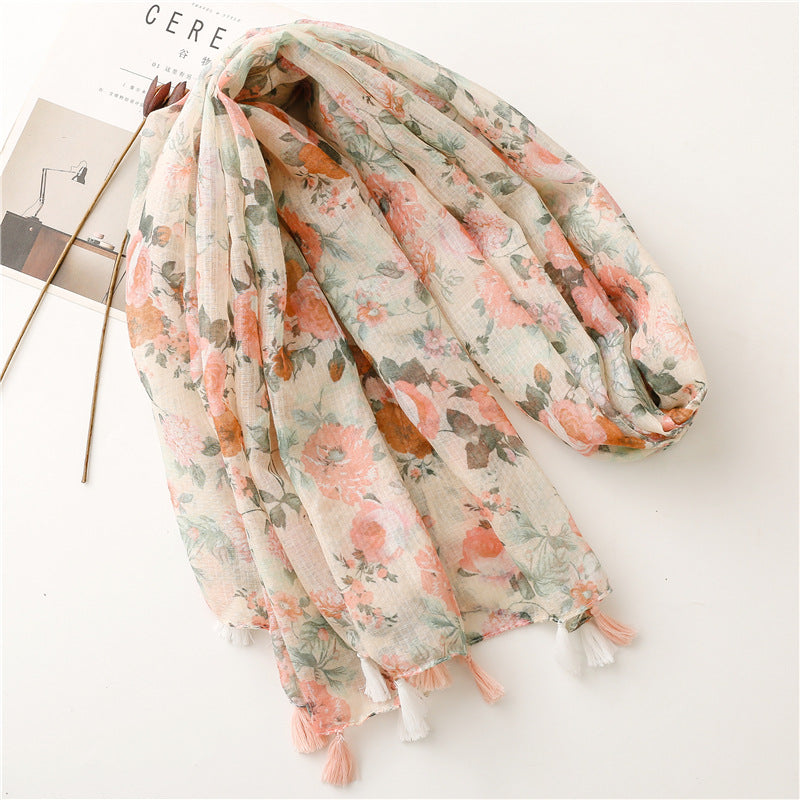 Semi Transluscent Floral Fashion Scarf with Fringed Edges nihaodropshipping