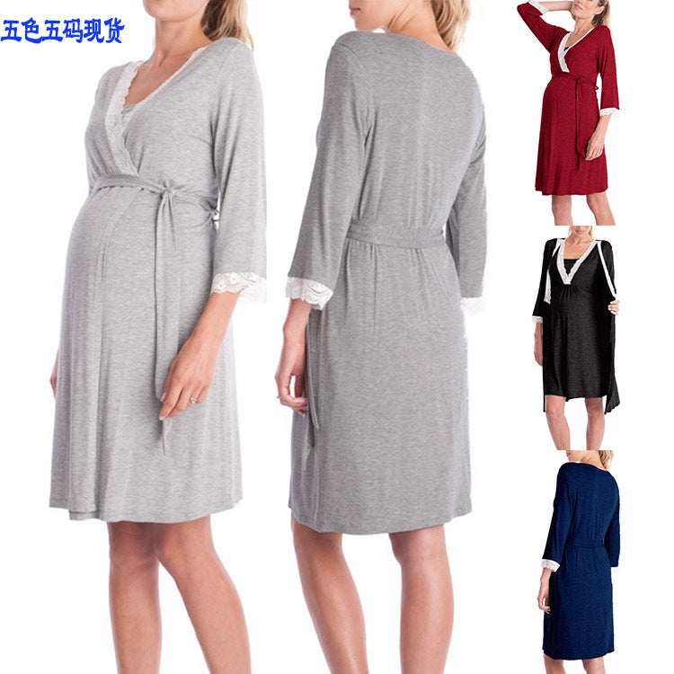 Three Quart Sleeve Maternity Night Gown and Robe Set nihaodropshipping