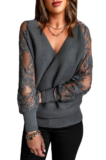 Sexy V Neck Surplice Hollow-Out Sweater With Lace Sleeves Kiwidrop