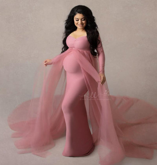 Pink Maternity Dresses Photography Props Shoulderless Pregnancy Long Dress For Pregnant Women Maxi Gown Baby Showers Photo Shoot Larnt