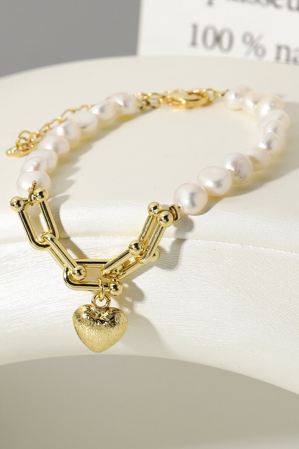 14K Gold Plated Heart Charm Pearl Bracelet - DunbiBeauty, LLC