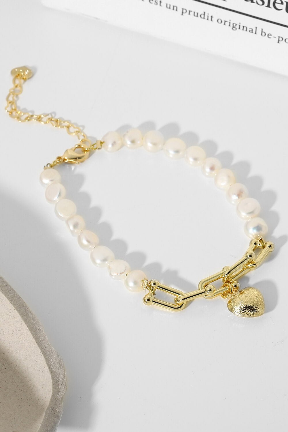 14K Gold Plated Heart Charm Pearl Bracelet - DunbiBeauty, LLC