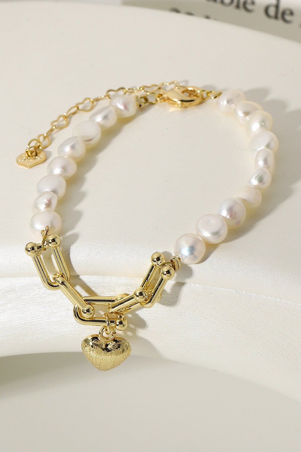 14K Gold Plated Heart Charm Pearl Bracelet - DunbiBeauty, LLC