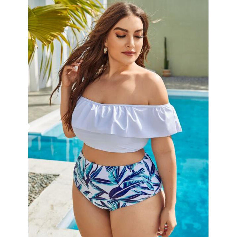 Plus Size Off Shoulder Leaf Print Bikini nihaodropshipping