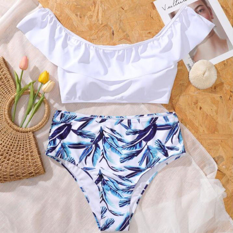 Plus Size Off Shoulder Leaf Print Bikini nihaodropshipping