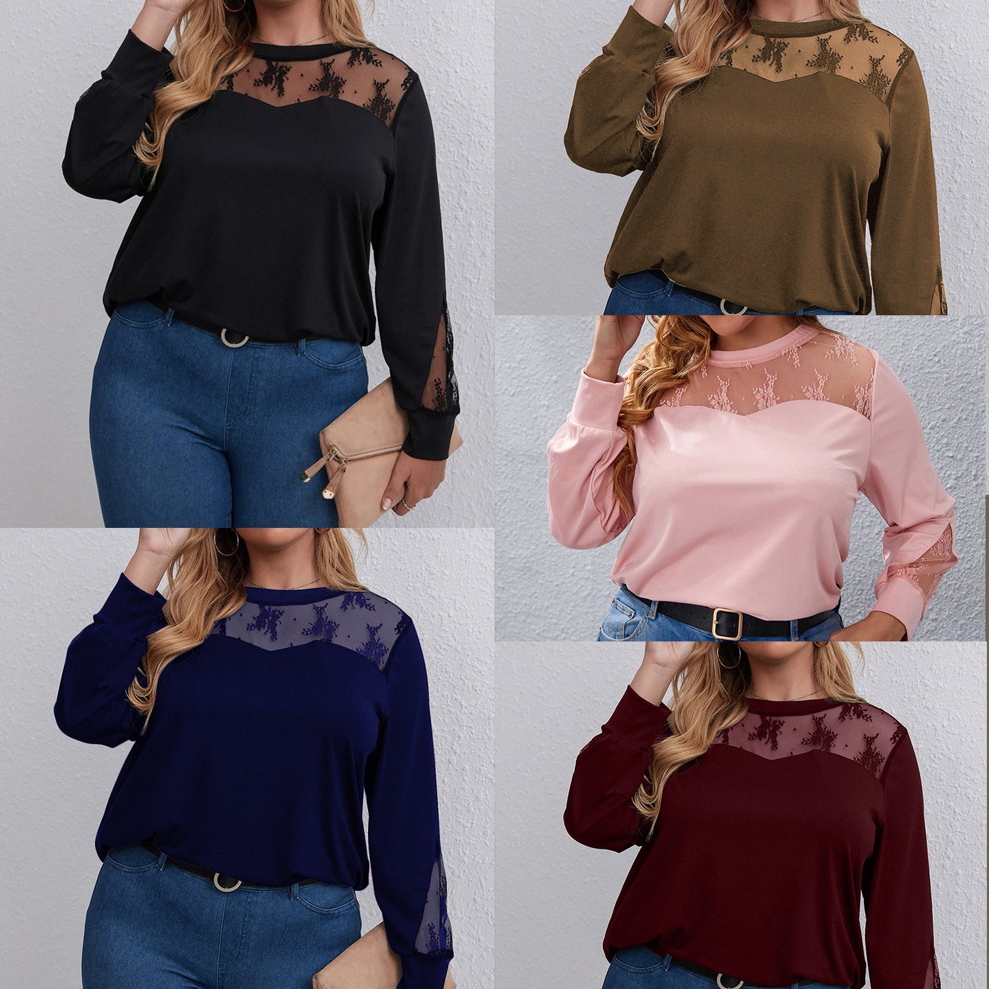 Plus Size Long Sleeve Top with Mesh Shoulders nihaodropshipping