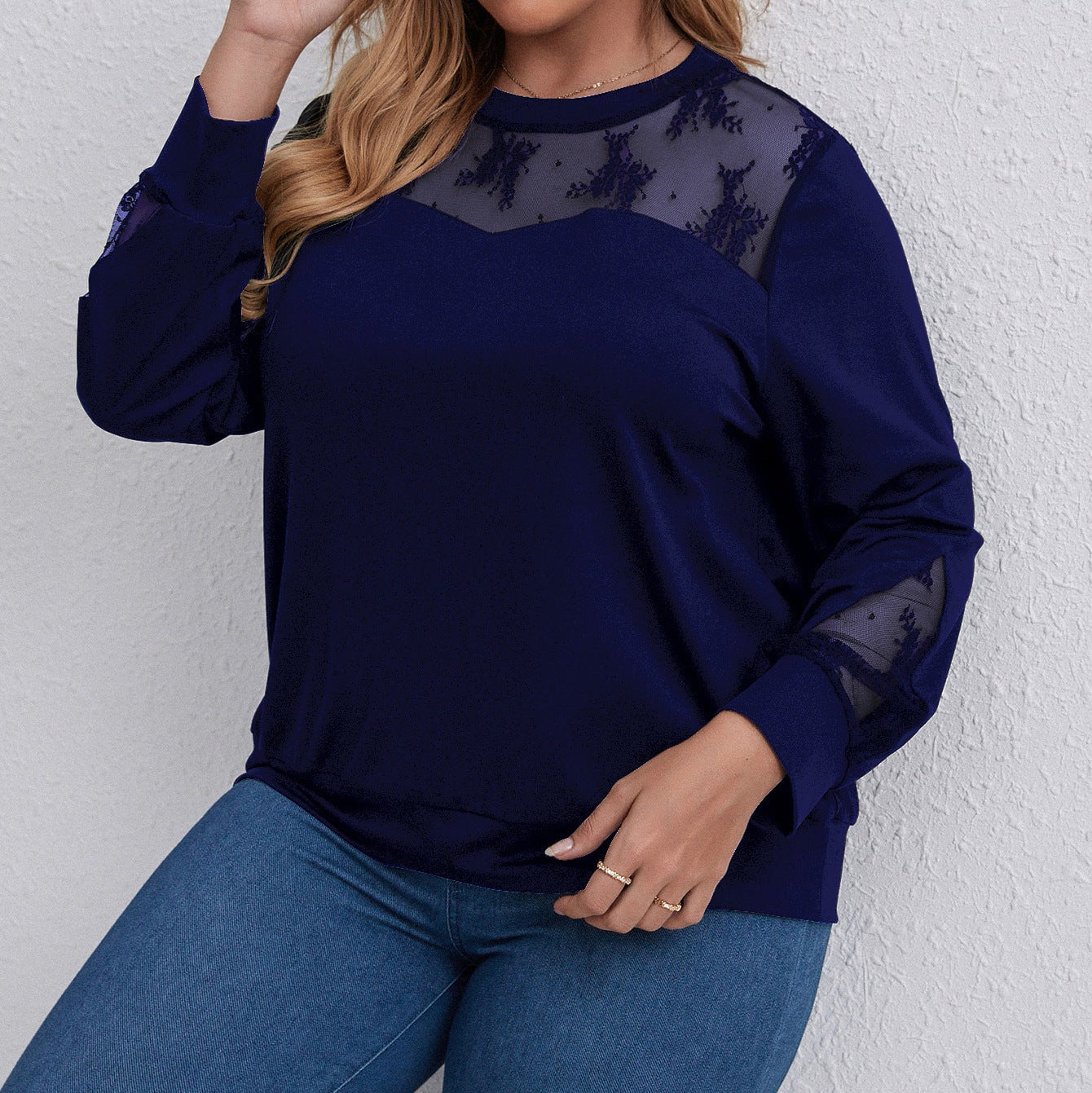 Plus Size Long Sleeve Top with Mesh Shoulders nihaodropshipping