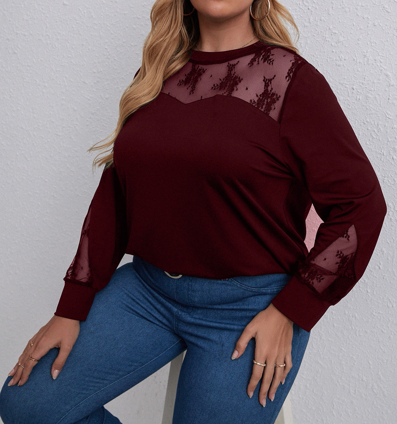 Plus Size Long Sleeve Top with Mesh Shoulders nihaodropshipping