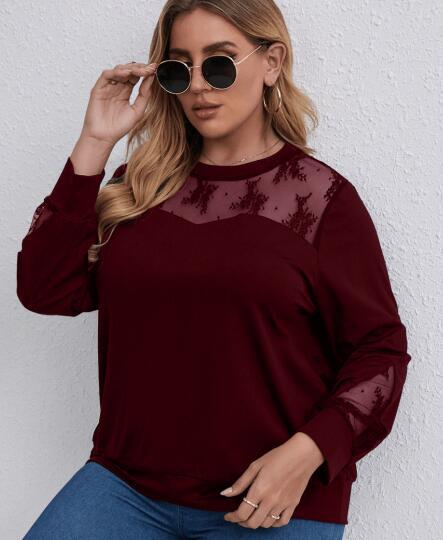 Plus Size Long Sleeve Top with Mesh Shoulders nihaodropshipping