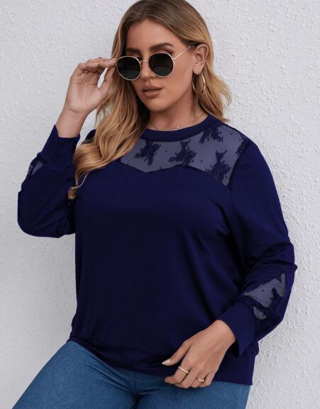 Plus Size Long Sleeve Top with Mesh Shoulders nihaodropshipping