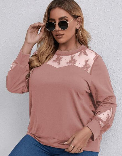 Plus Size Long Sleeve Top with Mesh Shoulders nihaodropshipping