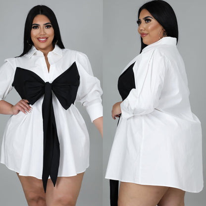 Plus Size Lace Up Bow Long Sleeve Shirt Dress nihaodropshipping