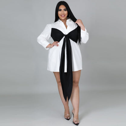 Plus Size Lace Up Bow Long Sleeve Shirt Dress nihaodropshipping