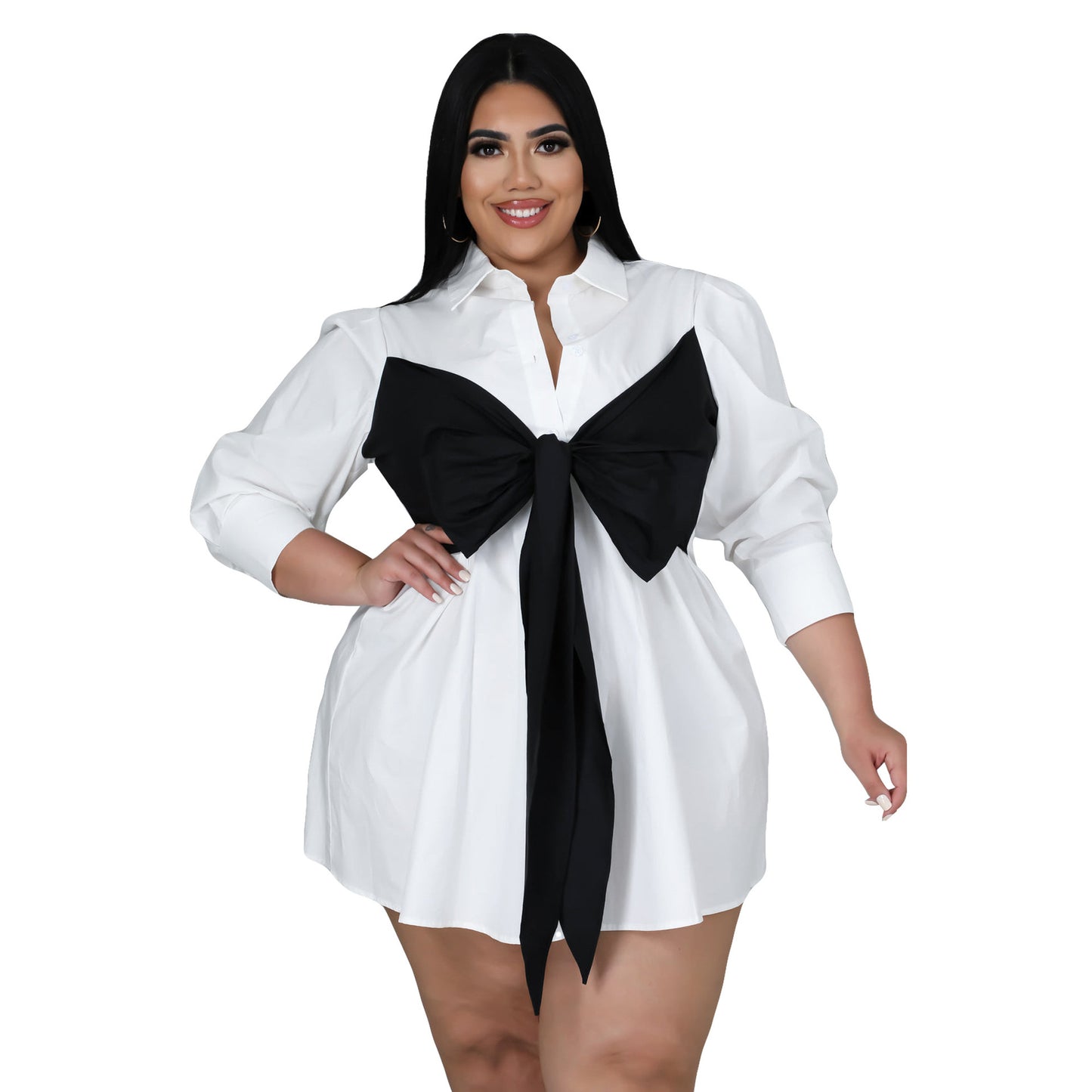 Plus Size Lace Up Bow Long Sleeve Shirt Dress nihaodropshipping