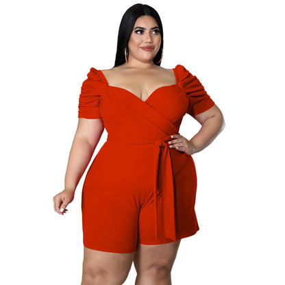 Plus Size Short Puff Sleeve Romper with Tie Waist nihaodropshipping