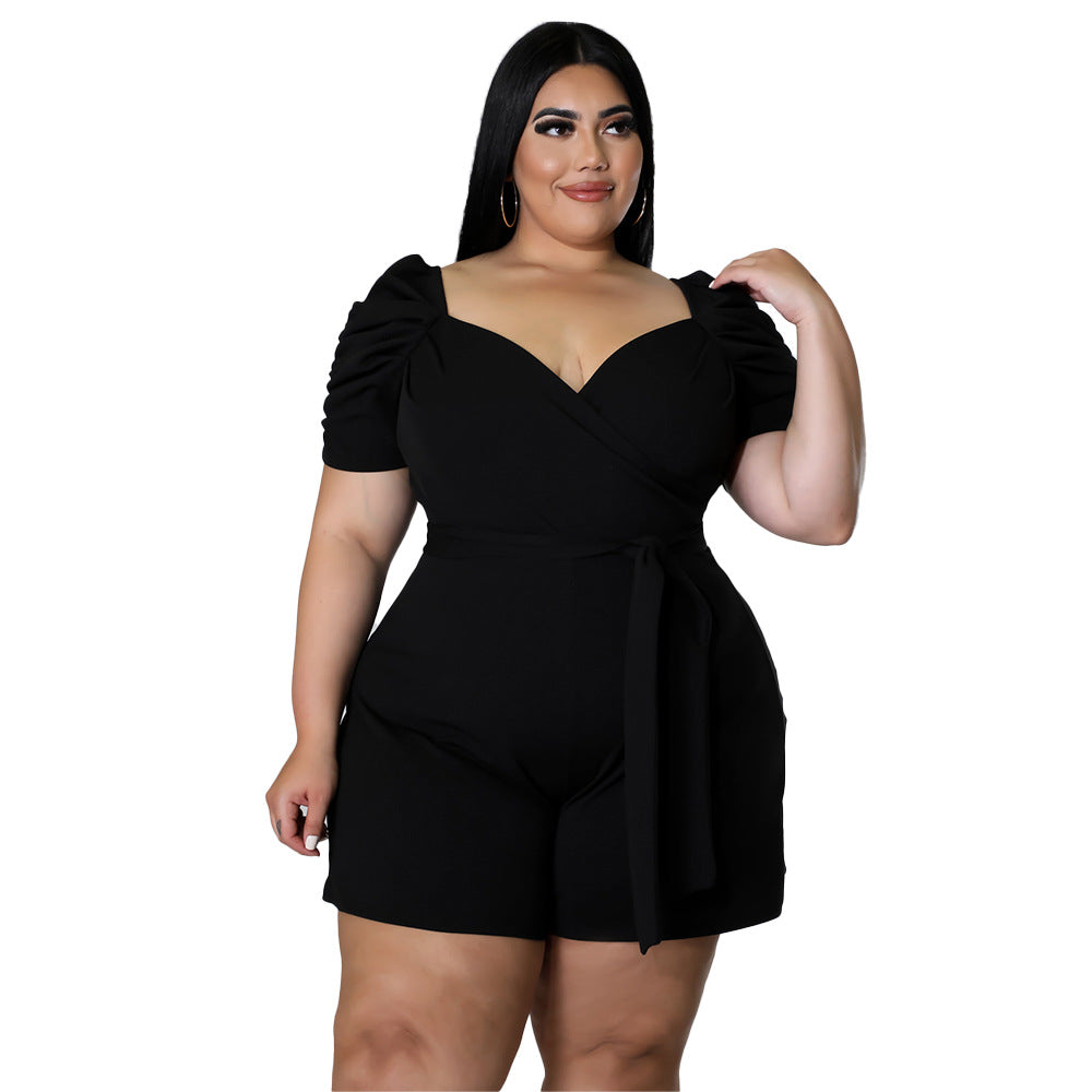 Plus Size Short Puff Sleeve Romper with Tie Waist nihaodropshipping