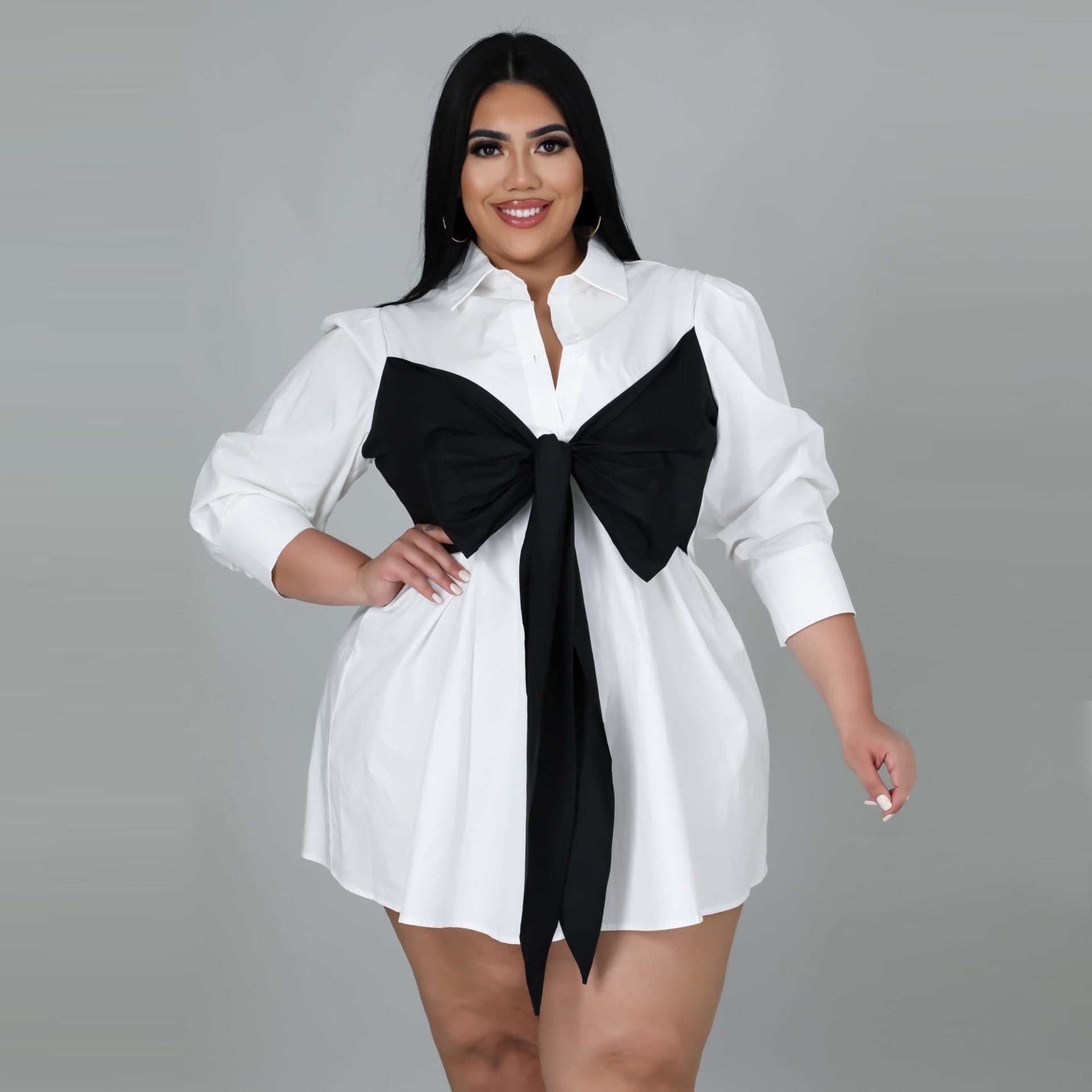 Plus Size Lace Up Bow Long Sleeve Shirt Dress nihaodropshipping