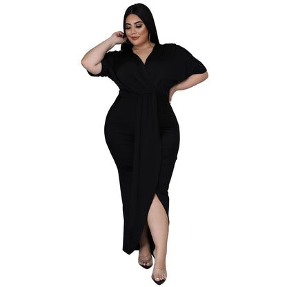 Plus Size V Neck Hem Dress nihaodropshipping