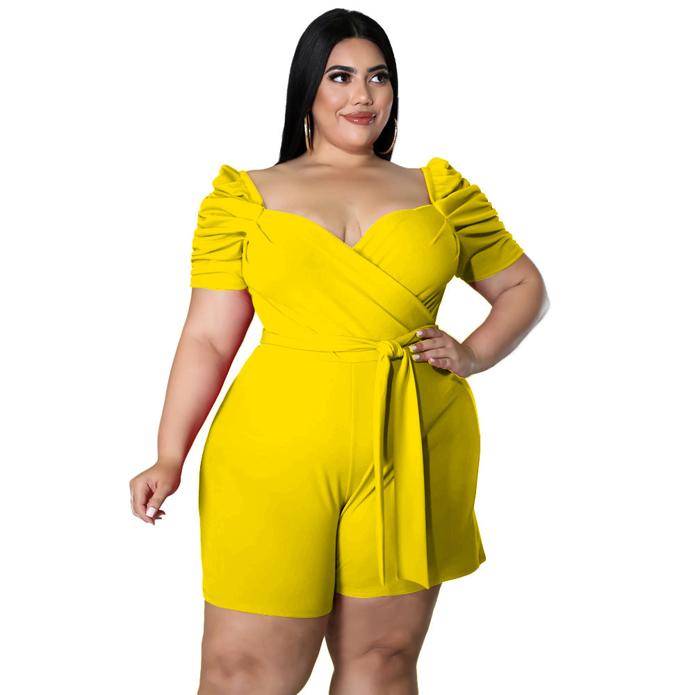 Plus Size Short Puff Sleeve Romper with Tie Waist nihaodropshipping