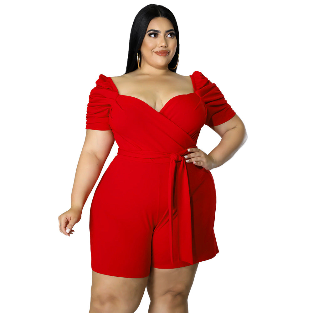 Plus Size Short Puff Sleeve Romper with Tie Waist nihaodropshipping