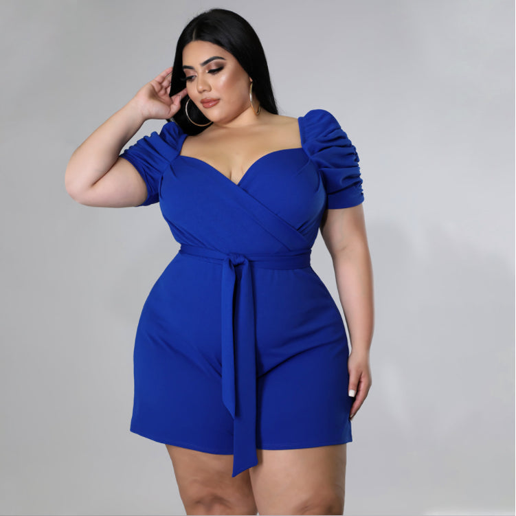 Plus Size Short Puff Sleeve Romper with Tie Waist nihaodropshipping