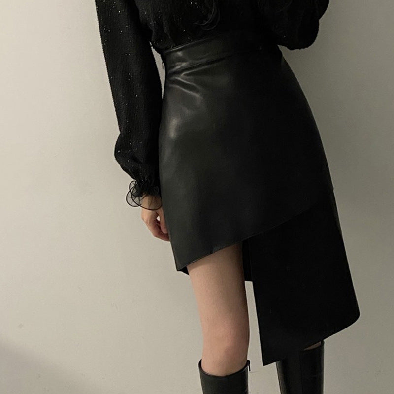 Women's High Waist Asymmetrical PU Leather Skirt nihaodropshipping